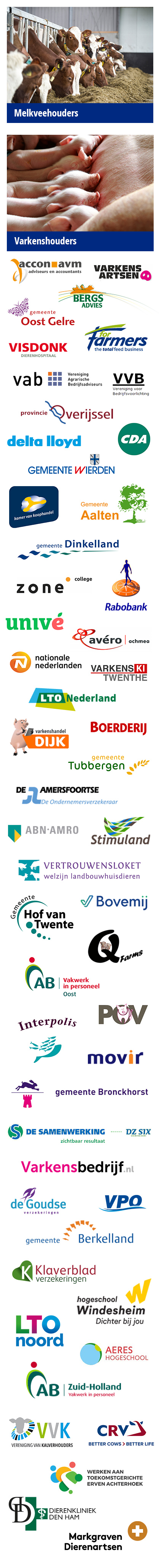 Opdrachtgevers (o.a. boeren, agrariers, ondernemers, scholen, banken, verzekeraars, gemeenten en agrarische bedrijven uit heel Nederland) van Hogenkamp Agrarische Coaching